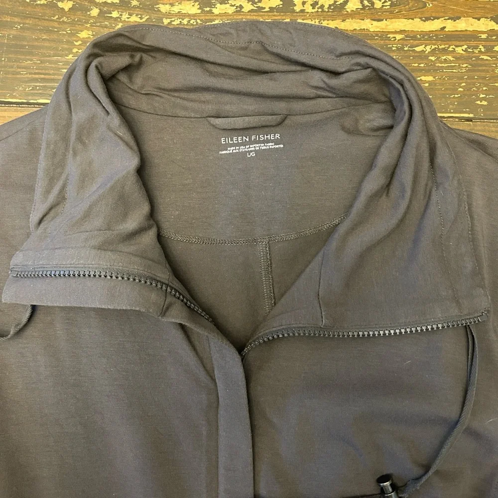 EILEEN FISHER Jacket L Organic Cotton Jersey Longline Hoodie Full Zip‎ Gray USA